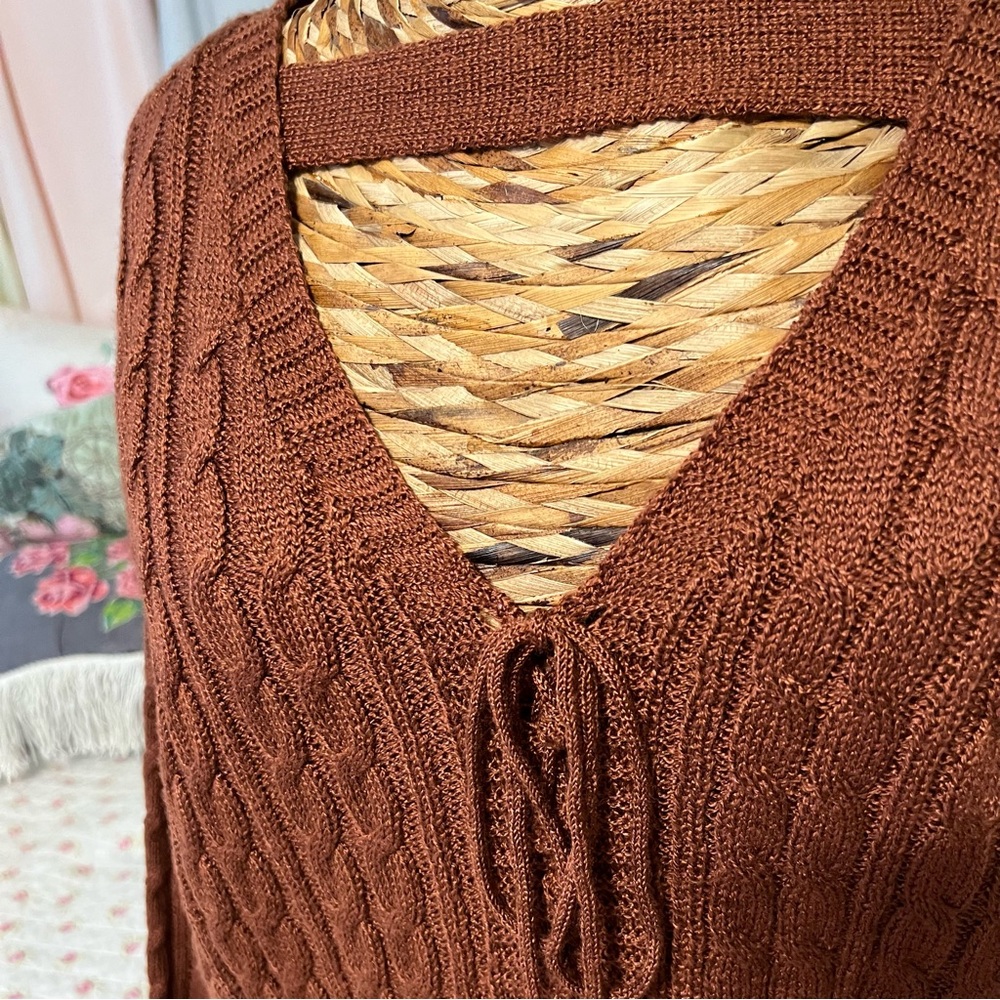 Rustic Brown V-Neck Cable Knit Chunky Cozy Sweater